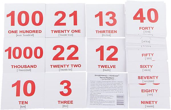 Numbers Числа обучающие мини карточки с транскрипцией для детей 10х8 см 40 штук